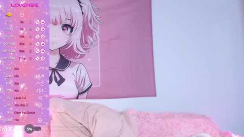 A video of a young woman with pink hair in a ponytail, wearing a sailor school uniform, against a pink wall. The image is overlaid with a digital interface.