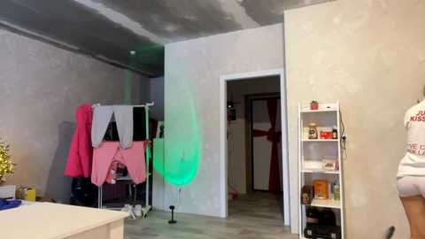 Media: Video of a dimly lit, unfinished room with exposed concrete ceiling, a white coat hanger with pink and black garments, and a white shelving unit holding books and a red box.