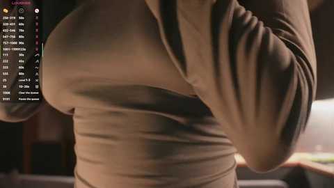 A video of a woman's torso, wearing a snug, long-sleeved, form-fitting brown top, highlighting her ample breasts. Background shows a dimly lit room with a monitor displaying fitness stats.