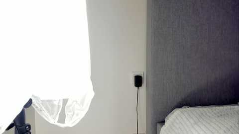 Video of a modern bedroom with a white wall, a gray upholstered headboard, a white bed, and a large white window with sheer curtains, partially showing a view of a cityscape.