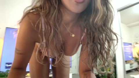 Video of a topless woman with long, wavy brown hair, leaning forward. She wears a gold necklace and stands in a dimly lit room with a TV and a desk in the background.