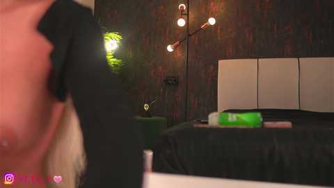 Video of a modern bedroom with a black and white bed, a green plant, a lamp, and a person's chest, partially visible.
