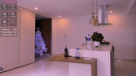 Modern, minimalist kitchen with white cabinets, marble countertops, and a wooden island. A small Christmas tree lights up the background. Recessed lighting, a sleek pendant lamp, and a water dispenser are visible.