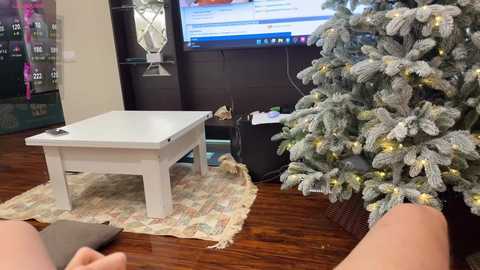 Video of a cozy living room with a white coffee table, a decorated Christmas tree, and a TV displaying a website.