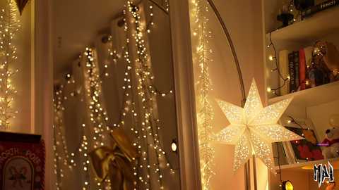 Video of a cozy living room adorned with golden fairy lights, a large star-shaped lantern, and a gold statue, against white walls and a bookshelf.