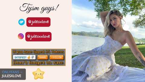 Video collage featuring a blonde woman in a white floral gown, captioned \"Tusim guys!\" with social media icons and text promoting OnlyFans, set outdoors by a lake.