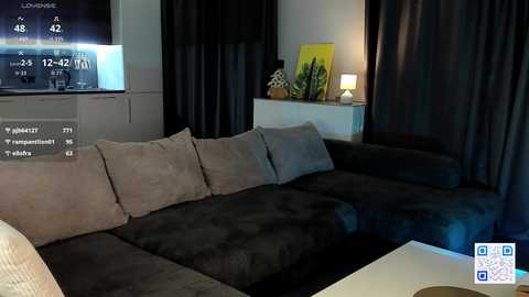 Video of a modern living room with dark grey sectional sofa, potted plants, a flat-screen TV, and a dimly lit corner lamp.