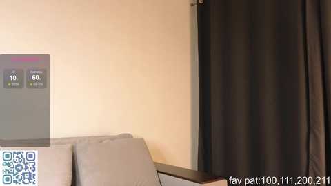 Video of a modern living room with a beige wall, a gray sofa, a digital thermostat, and a black curtain.