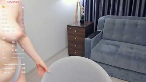 Media: A photo of a nude woman with fair skin and medium breasts in a modern, minimalist bedroom with a grey sofa, dark wooden nightstand, and grey curtains.