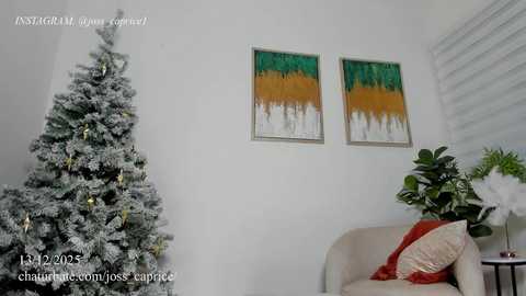 A video of a minimalist living room with a snow-dusted Christmas tree, two abstract paintings, and a beige couch adorned with red and white pillows.
