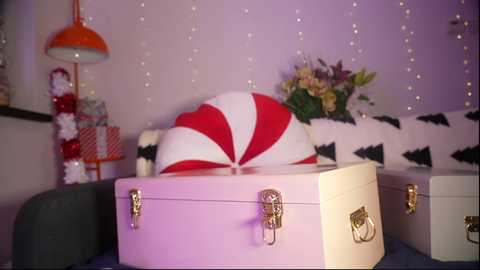 Video of a festive, cozy room with a white bed featuring a red and white striped pillow and black tree-patterned blanket. Presents, a Christmas tree, and fairy lights adorn the background.