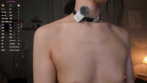 Video of a nude, fair-skinned woman with small breasts, wearing a black choker with a metal ring. Background shows a dimly lit room with a candlelit table and a window with white curtains.