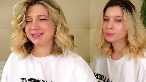 Media: Video of a smiling young woman with shoulder-length, wavy blonde hair, wearing a white T-shirt. The background is a beige, padded wall, suggesting an indoor setting.