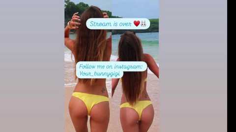 Video of two young women with long hair, wearing yellow bikinis, standing on a sandy beach with a blue ocean and green trees in the background. Text bubbles read, \"Stream is over \u2665\u2665,\" \"Follow me on Instagram: Yourusername.\