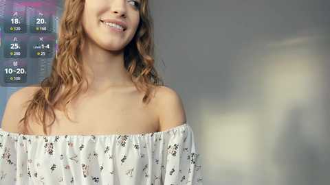 Video of a smiling Caucasian woman with wavy, light brown hair, wearing an off-the-shoulder floral dress. Background features a blurred, modern interior with a digital clock displaying 18:25.