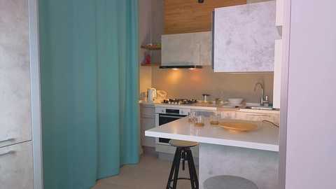 Media: Video of a modern, minimalist kitchen with a white countertop, light blue curtain, white cabinetry, stainless steel appliances, wooden ceiling, and a single black stool.