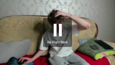 A video shows a young man in a gray t-shirt and gray pants, sitting on a bed with a beige headboard, holding his head in distress. A green pillow and a blue object are on the bed. The wallpaper behind is patterned.