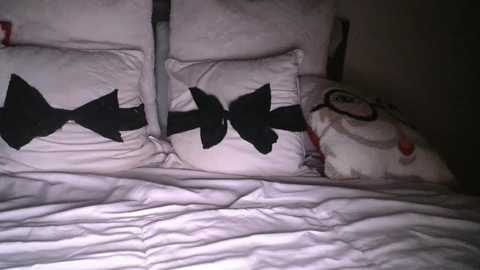 Video of a bed with white pillows featuring black bow ties, and a plush white rabbit with a red nose and glasses, in a dimly lit room.
