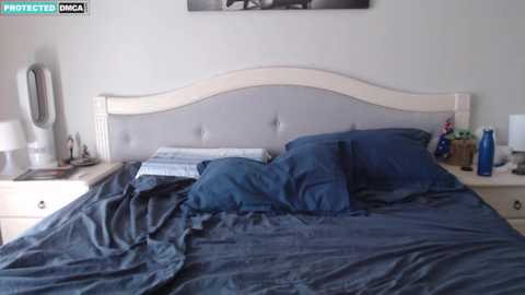 A video of a messy bed in a light gray bedroom, featuring blue sheets, pillows, and a white wooden headboard. A white nightstand holds a lamp, a glass, and a book.