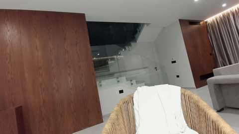 Video of a modern, minimalist bedroom with a large, dark wooden wall panel, a wicker chair, and a white blanket on a bed, showcasing a sleek, contemporary design.