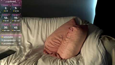 A dimly lit video of a beige sofa with a pink cushion and a dark background, overlaid with a digital overlay showing weather data.