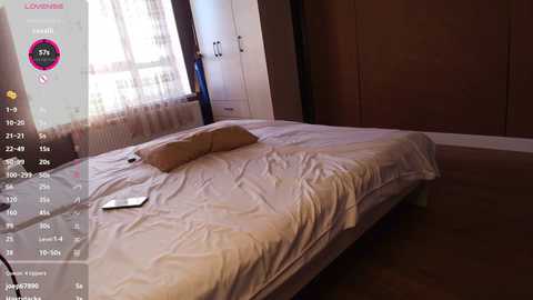 Video of a minimalist bedroom with a neatly made bed, beige sheets, and a single beige pillow, positioned against a brown wall. A white radiator and large window with sheer curtains are visible.