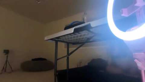 Video of a cluttered, dimly-lit room with a black folding table, a small green plant, and a large, circular light fixture emitting a bright, white glow.