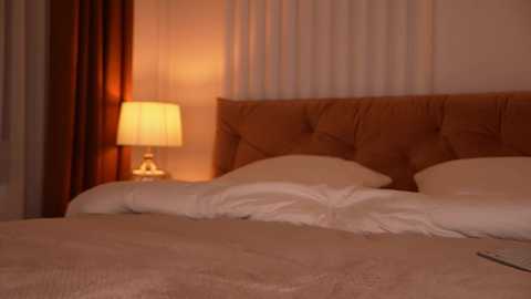 Video of a cozy bedroom with a tufted headboard, white bedding, beige quilted blanket, and a lamp with a white shade on a bedside table.
