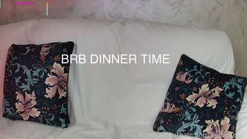 Video of a cream couch with two black pillows featuring large, floral designs in pink, green, and blue. Text overlay reads \"BB Dinner Time.\