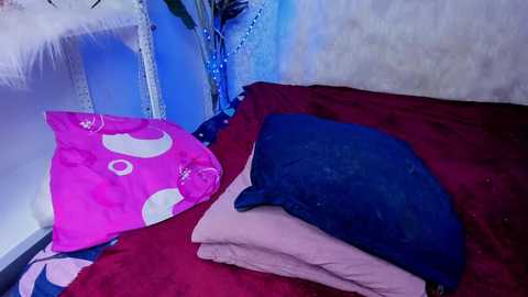 A video of a cozy bedroom with a plush, white faux fur headboard, a pink and white unicorn-themed pillow, a navy blue pillow, and a red blanket. The room has a soft blue wall and decorative string lights, creating a warm, inviting atmosphere.