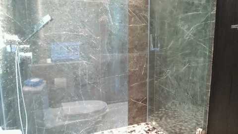 A video of a modern bathroom with a glass-enclosed shower featuring marble-like tiles, a white toilet, and a blue soap dispenser. The shower glass is streaked with water droplets, reflecting light and adding a sense of motion.