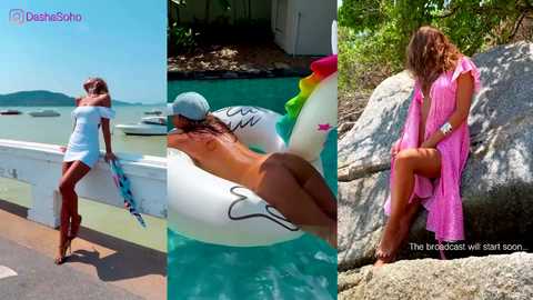 Three photos of a woman: one in a white dress on a pier, one on an inflatable in a pool, and one in a pink dress on a rock.