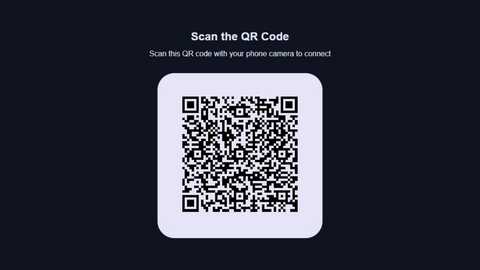 Media: A digital QR code graphic with a white square and black pixels on a dark blue background, overlaid with a white text prompt to scan the code to connect to a phone camera.