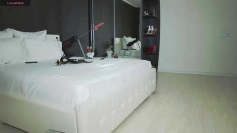 Video of a minimalist, modern bedroom with a white bed, white bedding, and wooden floor. Dark wooden wardrobe with white interior, red shoes, and a black camera tripod on the left.