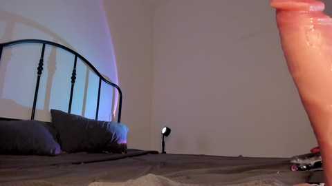 Media: Video of a dimly lit bedroom with a black metal bed, a small nightstand, and a spotlight illuminating a pair of legs in black high heels.
