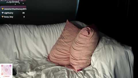 Video of a dark room featuring a white sofa with two pink pillows, dimly lit. Social media icons and text are overlaid on the left side.