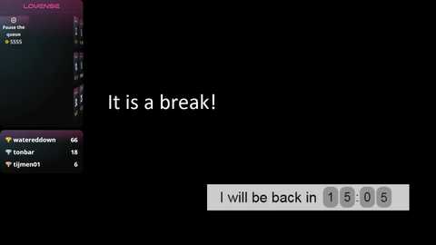 A video of a black screen with white text reading, \"it is a break!\" and a message, \"I will be back in 13:05.\
