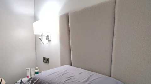 Media: A minimalist bedroom video features a modern, light gray, tufted headboard against a plain white wall. A white, rectangular wall-mounted lamp and a bedside table with a white lamp and a few items are visible.