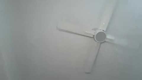 Video of a ceiling fan with a white, round light fixture and three metal blades. The fan is positioned in a foggy room, creating a hazy, white background.