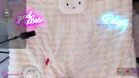 Media: A video of a white, fluffy, teddy bear-themed room with neon pink and blue lights spelling \"good vibes\" and \"Relax,\" featuring a microphone and a small, red feather.