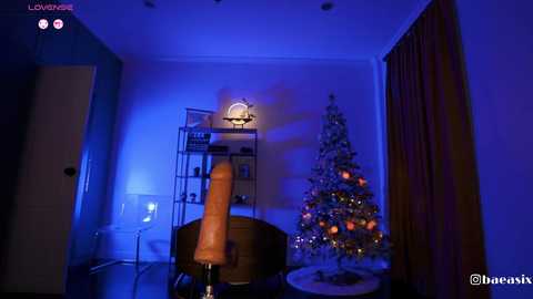 Video of a dimly lit, cozy room with blue lighting. A realistic, life-sized inflatable penis stands in the center, next to a small, decorated Christmas tree with warm lights. A metal shelf with a lamp and a few objects is visible in the background.
