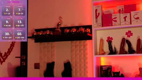 Video of a dimly lit bedroom with a large screen displaying a weather forecast. The room features a dark shelf with various erotic toys and a \"FUCK\" sign.