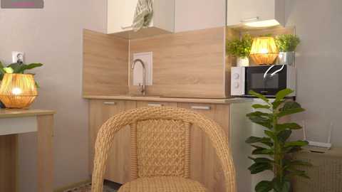 Video of a minimalist, light-colored kitchen with wooden cabinetry, a wicker chair, a potted plant, and a hanging pendant lamp.