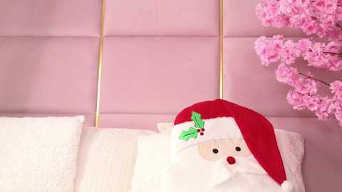 Video of a plush Santa Claus hat hanging on a pink wall, with a bed featuring white pillows and a cherry blossom branch in the background.
