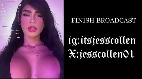 Media: Video of a voluptuous woman with long black hair, wearing a low-cut top, standing against a purple backdrop. Text overlay reads \"Finish Broadcast\" and \"igitnessescolen Kiestellen01.\