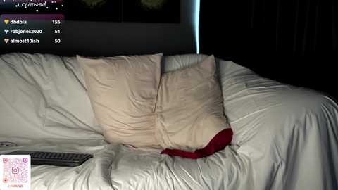 Video of a messy bed with wrinkled white sheets, a beige pillow, a red blanket, and a TV remote on the side.