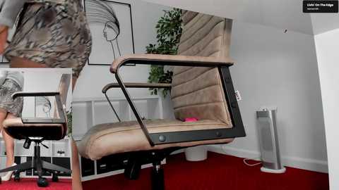 Video of a modern office space featuring a beige, leather-textured office chair with a black metal frame and armrests. The background includes a white wall with a large black and white abstract painting, a tall plant, and a red carpet.
