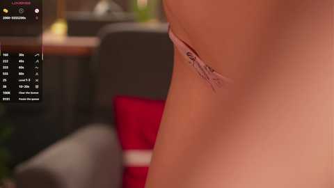 Video of a close-up of a woman's smooth, light brown skin with a small, pinkish scar near her waist. In the background, a blurred, modern living room with dark furniture and a red cushion.