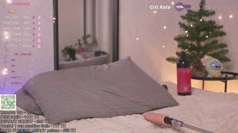 Video of a cozy bedroom with a gray pillow, a small Christmas tree, a red and black water bottle, and a wooden hand.
