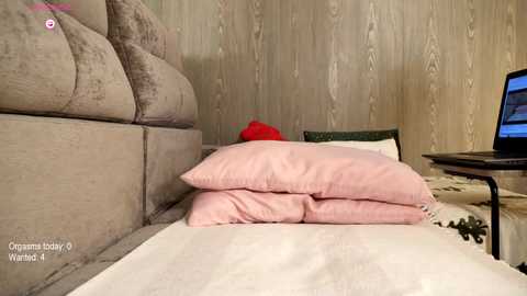 A video of a cozy bedroom with a gray upholstered headboard, a pink pillow stack, a red beanie, and a laptop on a nightstand, against a wood-paneled wall.